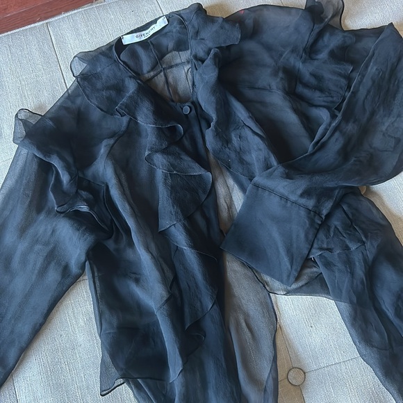 Givenchy Paris Black Sheer Ruffle Button Down Blouse Size Small - Picture 3 of 10